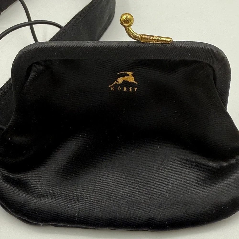 VTG Koret Black Satin Evening Bag Mother of Pearl Enamel Frame Gold Tone Clutch